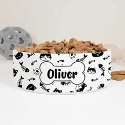GENERIC Cat And Fish Bone Pattern Personalized Pet Bowl Cat Bowls, Cute Dog Bowl With Name, Custom Ceramic Dog Cat Pet Bowls Available In Two Sizes