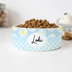 GENERIC Personalized Daisy & Blue Plaid Pattern Pet Bowl, Dog Name Bowl, Cat Name Bowl, Gift For Pets, Ceramic Bowl