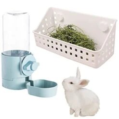 Hamiledyi Rabbit Hay Feeder & Water Fountain Set, Guinea Pigs Hay Food Feeder Bowls Manger Rack 17oz Hanging Gravity Automatic Drinking Feeder For Ferrets Chinchillas (Blue)