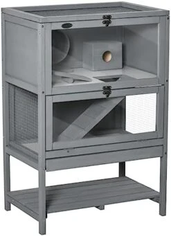 ACQUIRE Grey Wooden Hamster Cage, 2-Tier Small Animals Hutch, W/Storage Shelf, Tray, 23.5" L X 15.75" W X 35.5" H -Pet Care Center 41NnSmygL. AC
