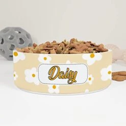 GENERIC Daisy Pastel Orange Pattern Personalized Pet Bowl Cat Bowls, Cute Dog Bowl With Name, Custom Ceramic Dog Cat Pet Bowls Available In Two Sizes