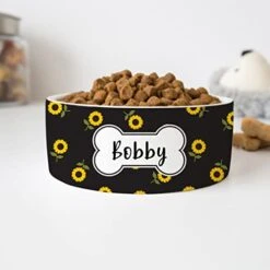 GENERIC Black Sunflowers Pattern Pet Bowl With Customized Name, Pet's Name Bowl, Food Bowl For Dog, Cat Bowl, Ceramic Bowl Available In Two Sizes