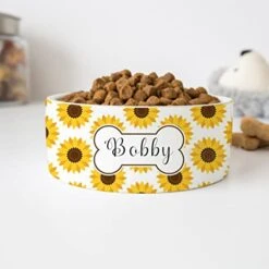 GENERIC Personalized Pet's Name Bowl, Sunflowers Pattern Pet Bowl Customized Name, Ceramic Food Bowl For Dog, Cat Drinking Bowl (Available 2 Sizes)