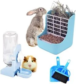 HERCOCCI Rabbit Hay Food Bin Feeder And Bunny Water Bottle Set, Hay Food Feeder Bowls Manger Rack With 500ml Hanging Water Dispenser Prevent Knock Over For Rabbit Guinea Pig Chinchilla (Medium, Blue) -Pet Care Center 51 QX0bq1GL. AC