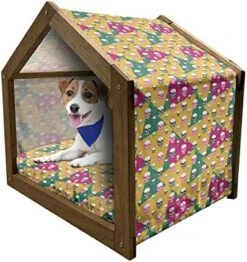 Ambesonne Skull Wooden Pet House, Lilies Tropical Flower Blooms Leaves On Skull With Watercolor Painting Effect, Indoor & Outdoor Portable Dog Kennel With Pillow And Cover, Medium, Pink Orange Green -Pet Care Center 514GTXVq2AL. AC