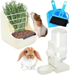 HERCOCCI Rabbit Hay Food Bin Feeder And Bunny Water Bottle Set, Hay Food Feeder Bowls Manger Rack With 500ml Hanging Water Dispenser Prevent Knock Over For Rabbit Guinea Pig Chinchilla (Medium, Blue) -Pet Care Center 515YdexTViL. AC