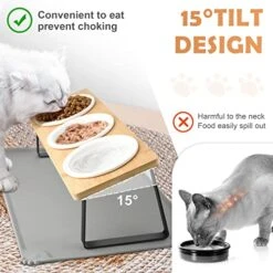Cat Bowl, Ceramic Cat Food Bowls With 15° Tilted Wood Stand,Raised Cat Bowls For Food And Water, Bamboo Cat Feeding Station With Cat Food Mat For Cats And Puppy (3 Bowls With Stand) -Pet Care Center 516TA8dTTTL