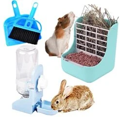 HERCOCCI Rabbit Hay Food Bin Feeder And Bunny Water Bottle Set, Hay Food Feeder Bowls Manger Rack With 500ml Hanging Water Dispenser Prevent Knock Over For Rabbit Guinea Pig Chinchilla (Medium, Blue)