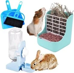 HERCOCCI Rabbit Hay Food Bin Feeder And Bunny Water Bottle Set, Hay Food Feeder Bowls Manger Rack With 500ml Hanging Water Dispenser Prevent Knock Over For Rabbit Guinea Pig Chinchilla (Medium, Blue) -Pet Care Center 516oAwwmEEL. AC