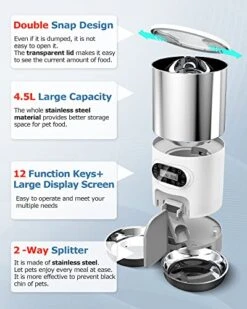 Automatic Cat Feeders 2 Cat, 4.5L Cat Food Dispenser With Splitter And Two Stainless Bowls, Timed Cat Feeder, Up To 4 Meals With Portion Control, 10s Voice Recorder -Pet Care Center 51RJapHYqHL