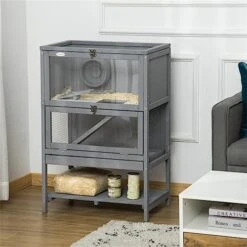 ACQUIRE Grey Wooden Hamster Cage, 2-Tier Small Animals Hutch, W/Storage Shelf, Tray, 23.5" L X 15.75" W X 35.5" H