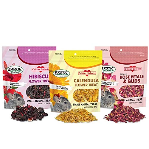 Exotic Nutrition Flower Treat 3 Pack - Healthy Assortment - Hibiscus, Calendula, Rose - For Squirrels, Guinea Pigs, Rabbits, Chinchillas, Prairie Dogs, Degus, Hamster, Gerbils, & Other Herbivores 3 Exotic Nutrition Flower Treat 3 Pack - Healthy Assortment - Hibiscus, Calendula, Rose - For Squirrels, Guinea Pigs, Rabbits, Chinchillas, Prairie Dogs, Degus, Hamster, Gerbils, & Other Herbivores