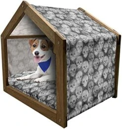 Ambesonne Skull Wooden Pet House, Lilies Tropical Flower Blooms Leaves On Skull With Watercolor Painting Effect, Indoor & Outdoor Portable Dog Kennel With Pillow And Cover, Medium, Pink Orange Green -Pet Care Center 51hFh2Ra7JL. AC