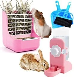 HERCOCCI Rabbit Hay Food Bin Feeder And Bunny Water Bottle Set, Hay Food Feeder Bowls Manger Rack With 500ml Hanging Water Dispenser Prevent Knock Over For Rabbit Guinea Pig Chinchilla (Medium, Blue) -Pet Care Center 51tCyJoyd7L. AC 1